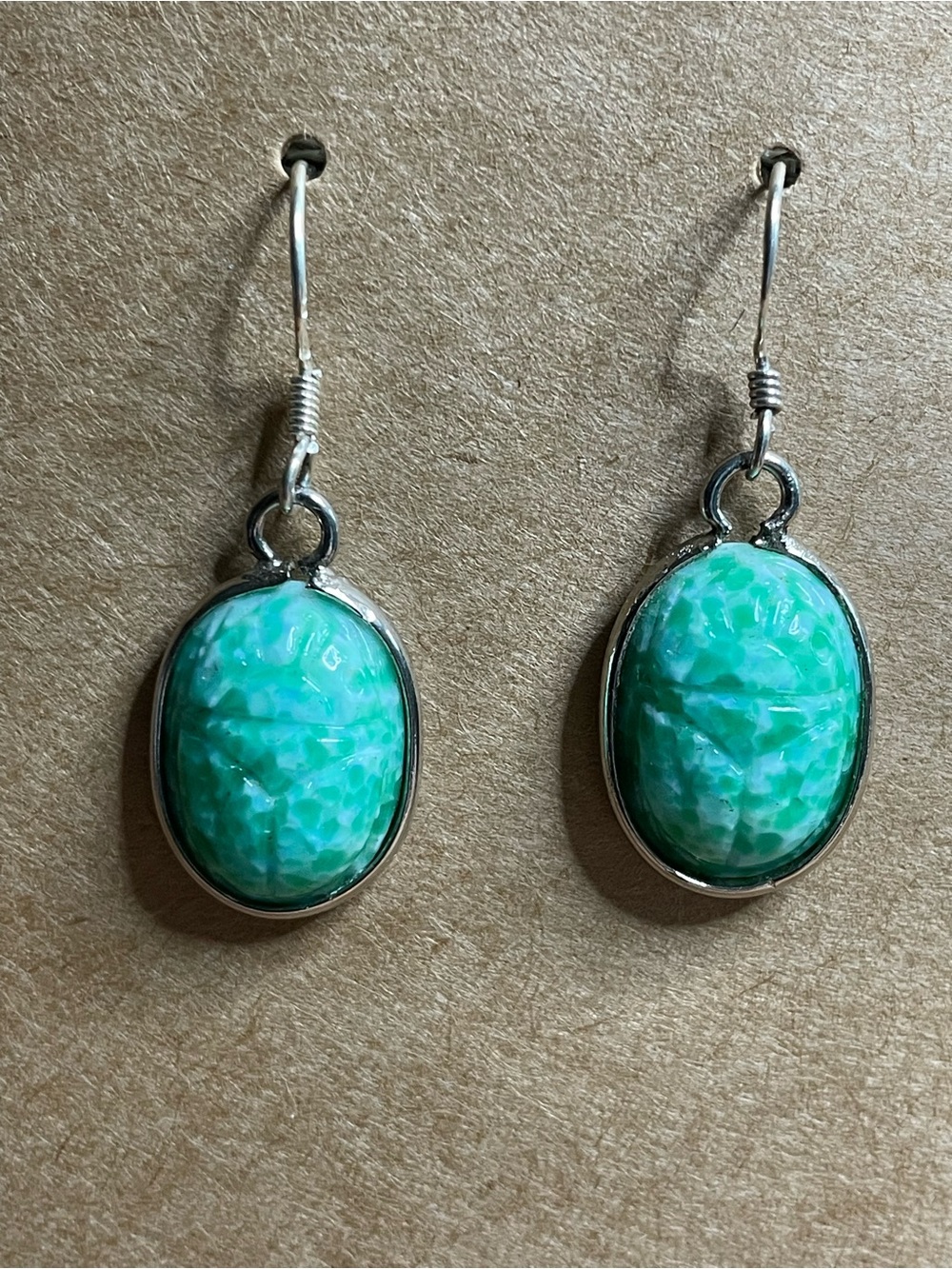 Egyptian inspired  scarab beetle earrings Amazonite carved stones sliver bezel